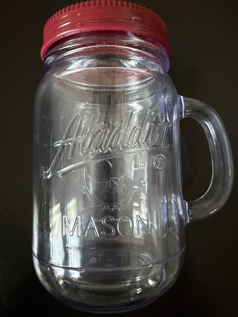 Aladdin Mason Jar Tumbler 16 oz Clear Insulated Plastic Mug Red Lid Handle
